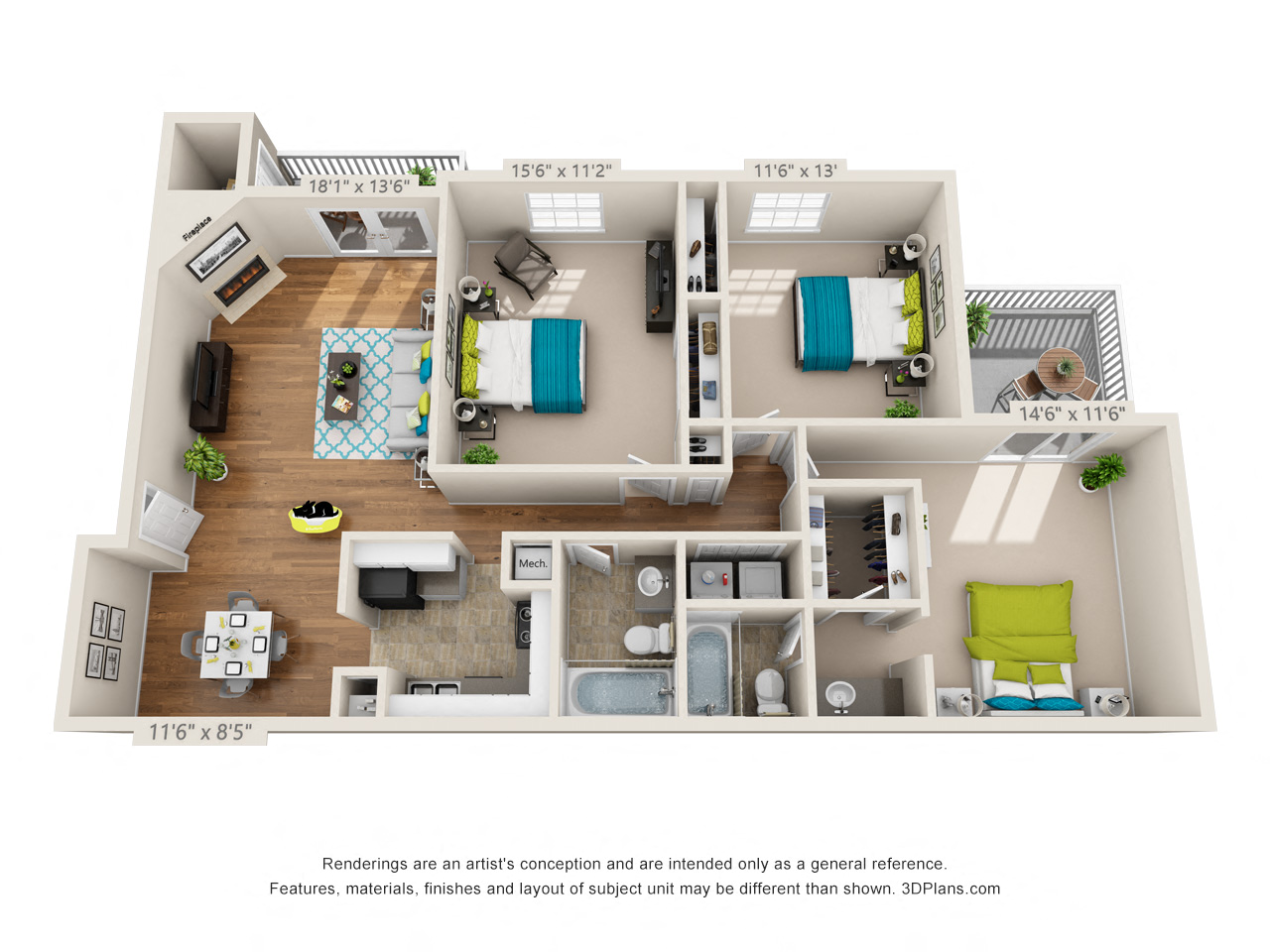 Floor plan for 3 beds, 2 baths, 1282 sqft
